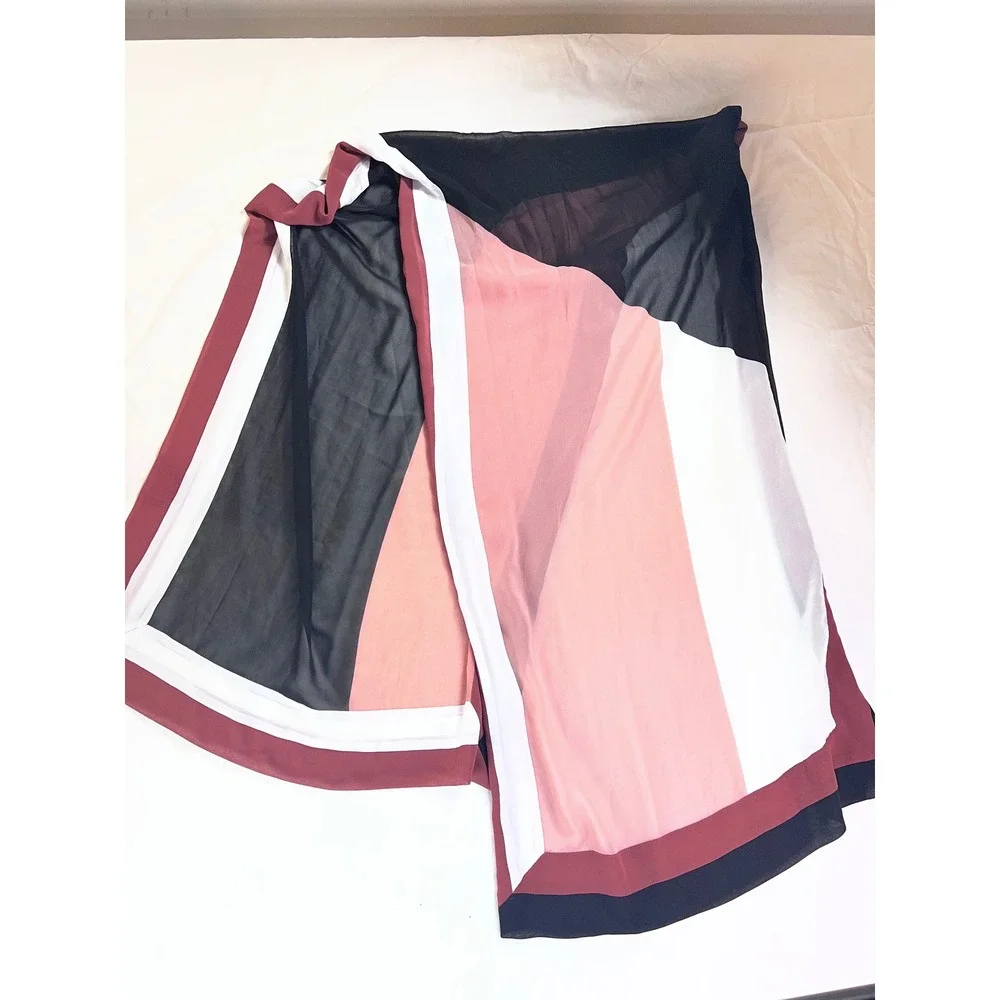 Womens Geometric Colorblock Chiffon Scarf Pink Burgundy Black White Sheer Wrap